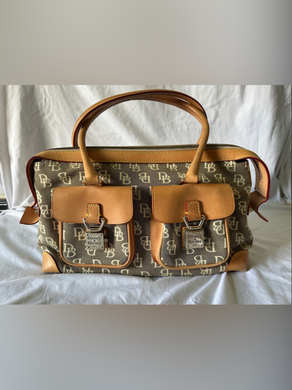 Dooney & Bourke Brown Monogram Satchel with Tan Leather Trim